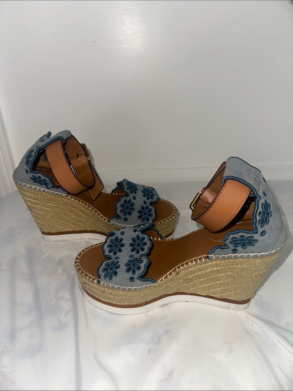 See by Chloe Floral Scalloped Espadrille Wedges Size 37 - Picture 8 of 9